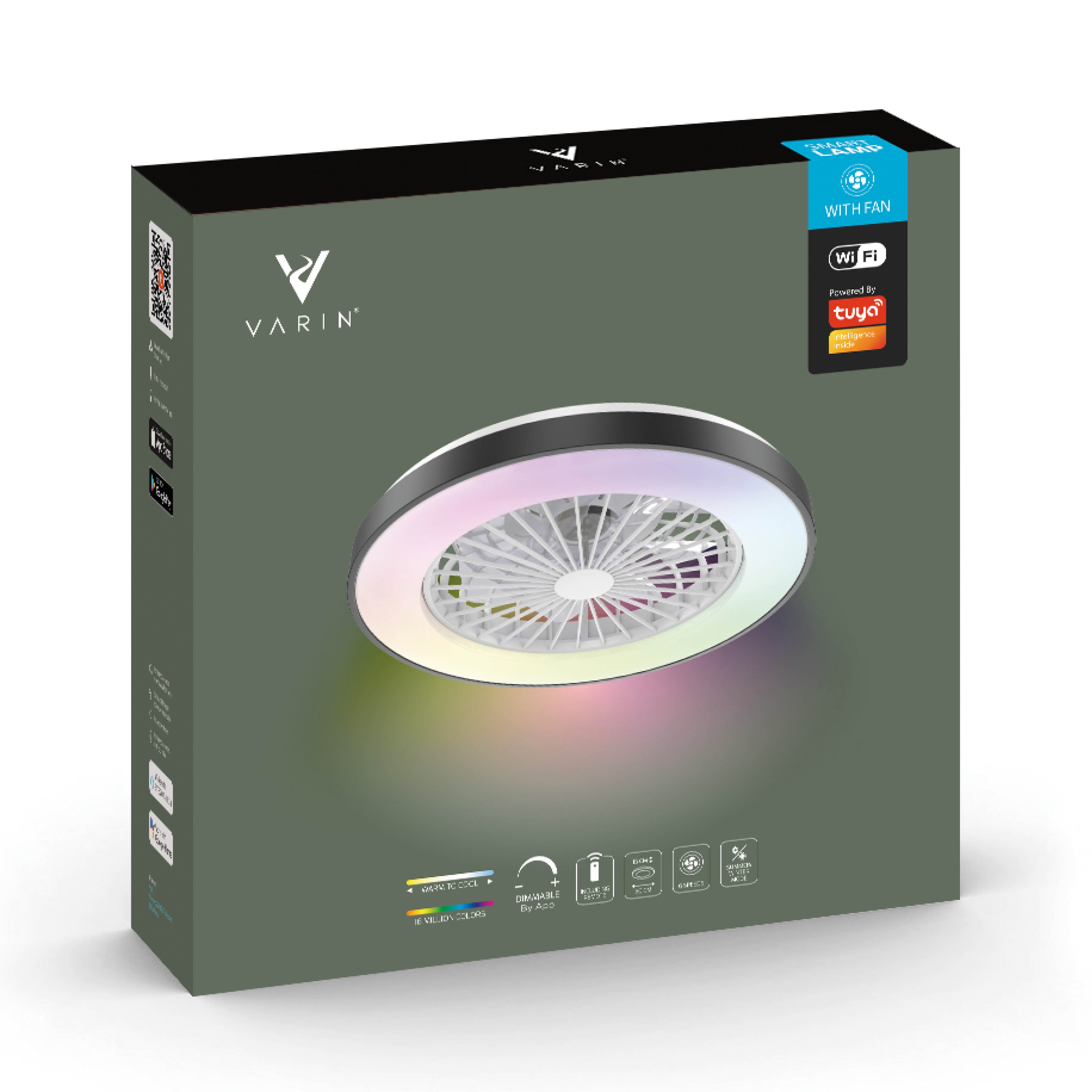 Varin Smart Wifi LED Plafondlamp met ventilator RGB + CCT - 50 cm - Tuya - Zwart