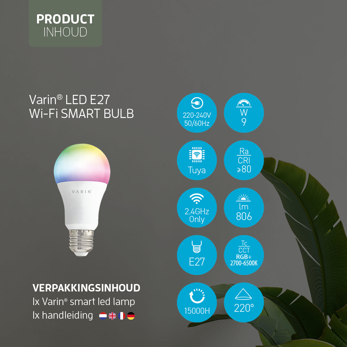 Varin Smart Wifi LED Lamp E27 - 9W - A60 - RGB + CCT - 2700-6500K - Tuya