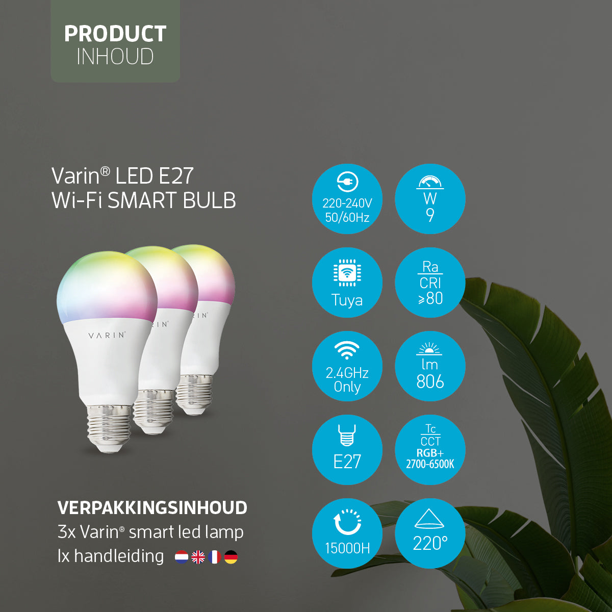 Varin Smart Wifi LED Lamp E27 - 9W - A60 - RGB + CCT - 2700-6500K - Tuya - 3 Pack