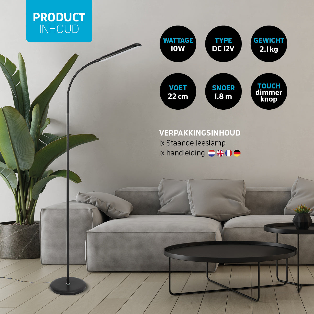 Varin Design LED Leeslamp ultra plat zwart -10W - 160cm hoog - Dimbaar en 3 lichtkleuren