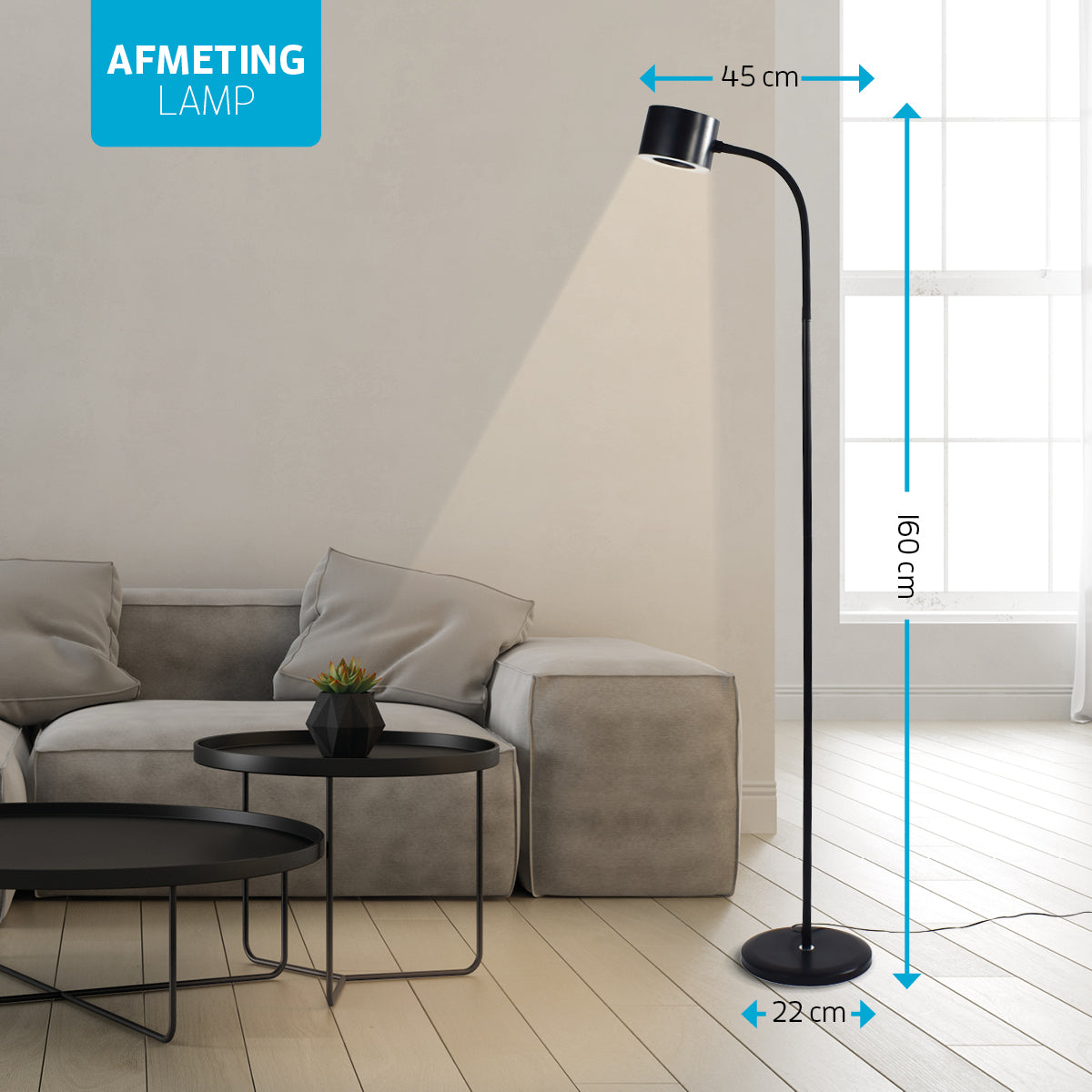 Varin Design LED Leeslamp rond zwart - 10W - 160cm hoog - Dimbaar en 3 lichtkleuren