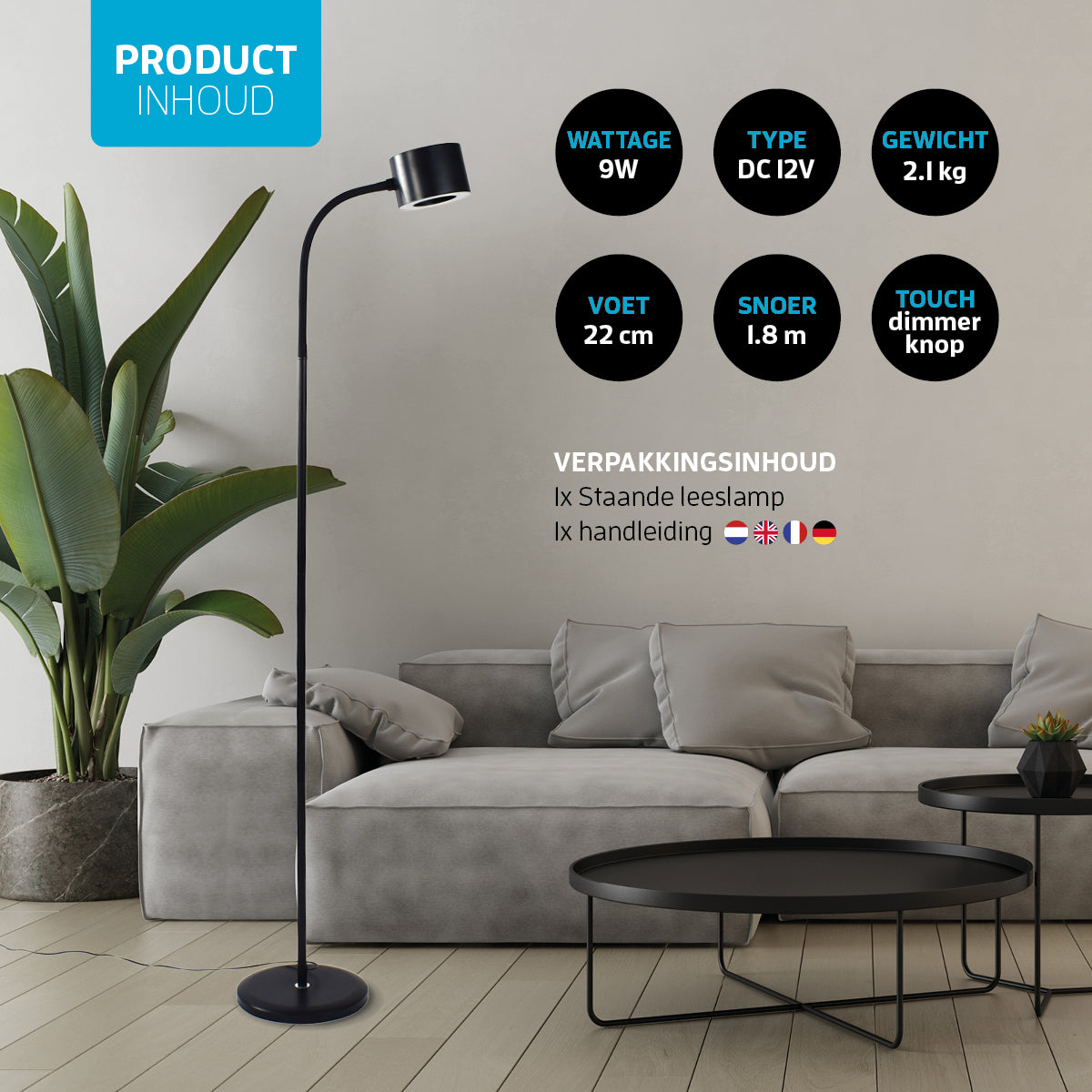 Varin Design LED Leeslamp rond zwart - 10W - 160cm hoog - Dimbaar en 3 lichtkleuren