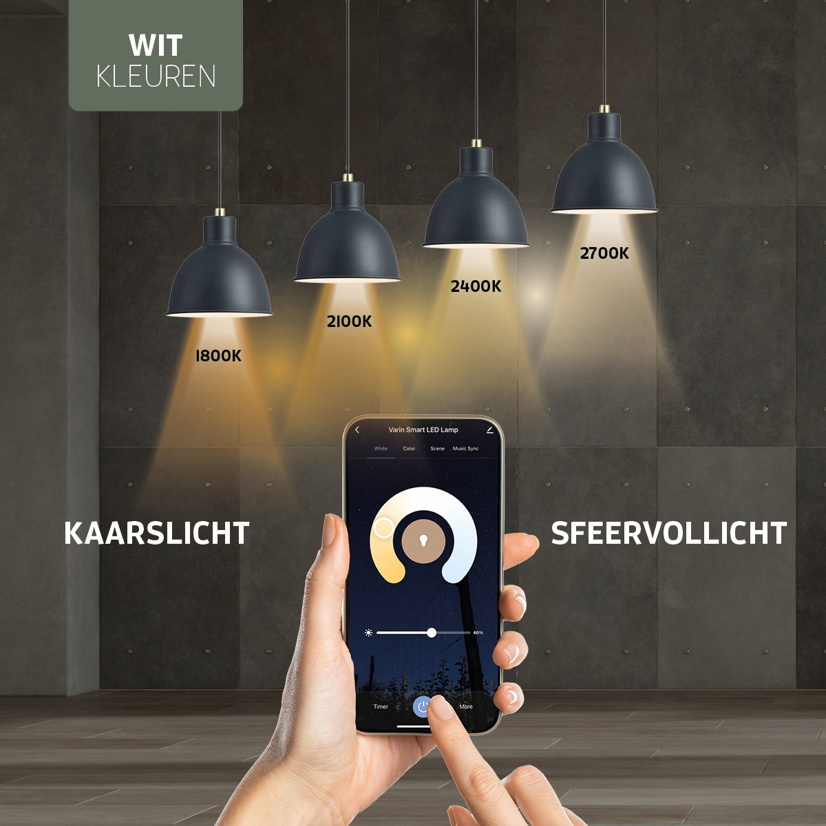 Varin Smart Wifi Vloerlamp met vakken - Zwarte kap met frame - 160cm hoog - incl. LED filament lamp E27 - Tuya