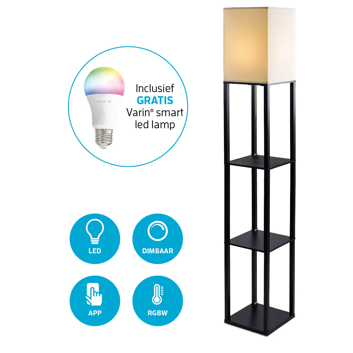 Varin Smart Wifi Vloerlamp met vakken - Witte kap - 160cm hoog - incl. LED lamp E27 - Tuya