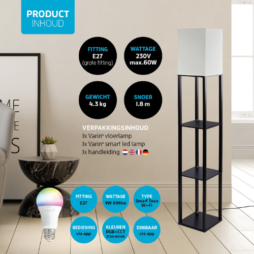 Varin Smart Wifi Vloerlamp met vakken - Witte kap - 160cm hoog - incl. LED lamp E27 - Tuya