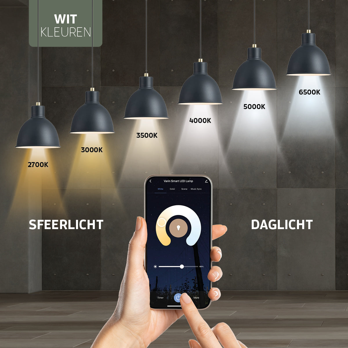 Varin Smart Wifi Vloerlamp met vakken - Witte kap - 160cm hoog - incl. LED lamp E27 - Tuya