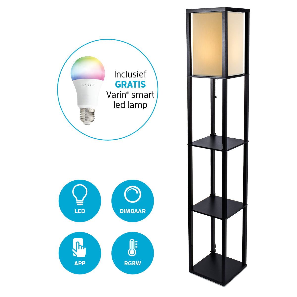 Varin Smart Wifi Vloerlamp met vakken - Witte kap met frame - 160cm hoog - incl. LED lamp E27 - Tuya