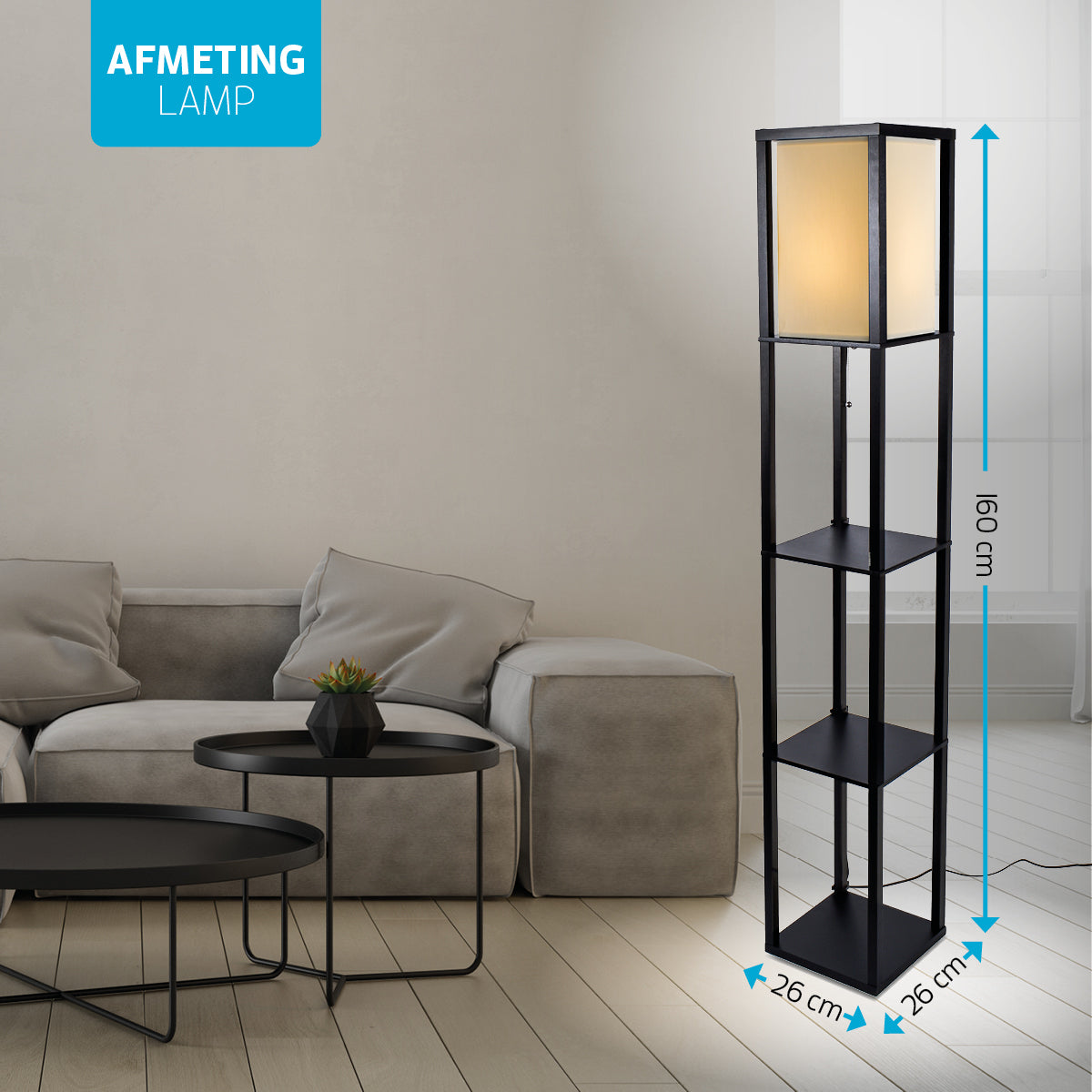 Varin Smart Wifi Vloerlamp met vakken - Witte kap met frame - 160cm hoog - incl. LED lamp E27 - Tuya