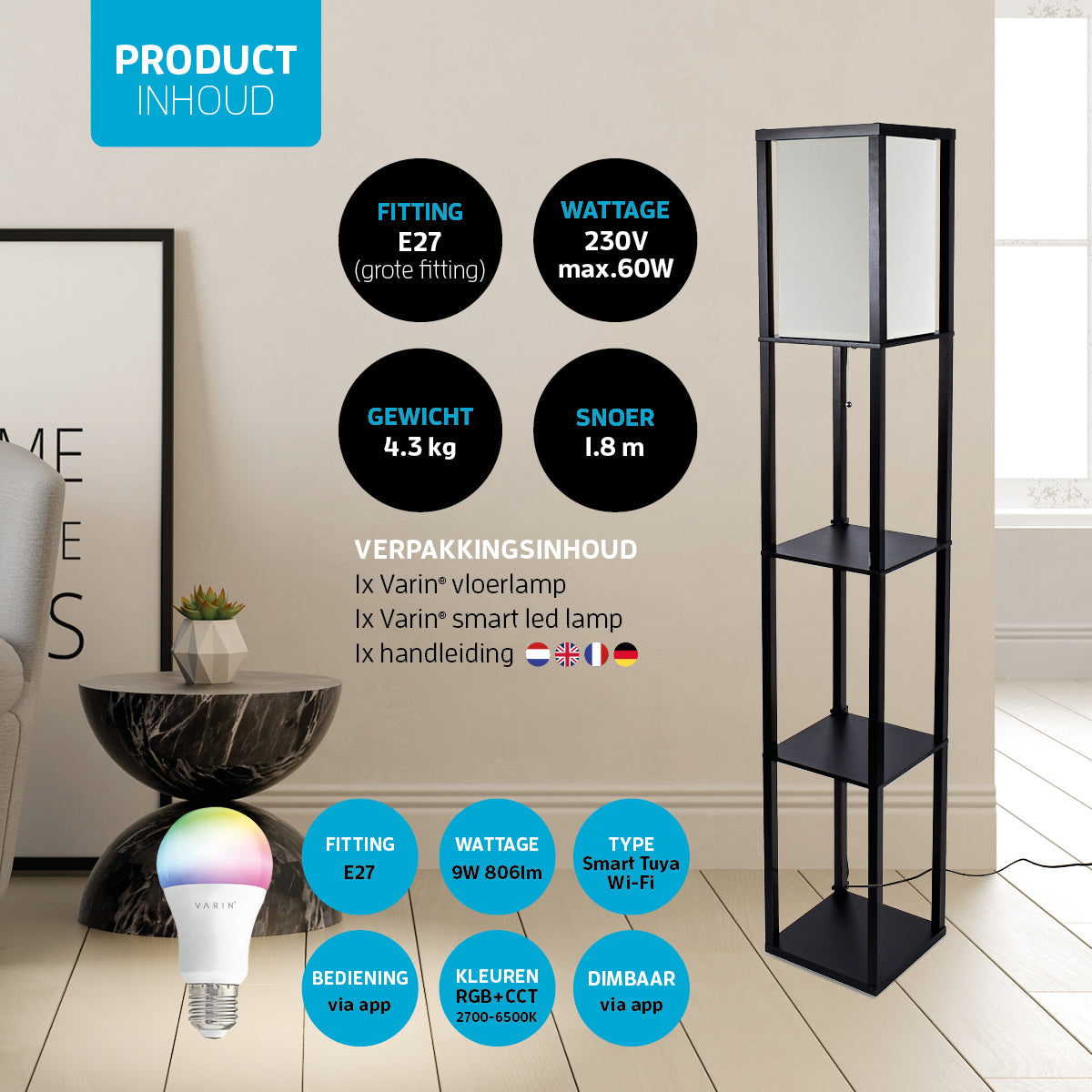 Varin Smart Wifi Vloerlamp met vakken - Witte kap met frame - 160cm hoog - incl. LED lamp E27 - Tuya