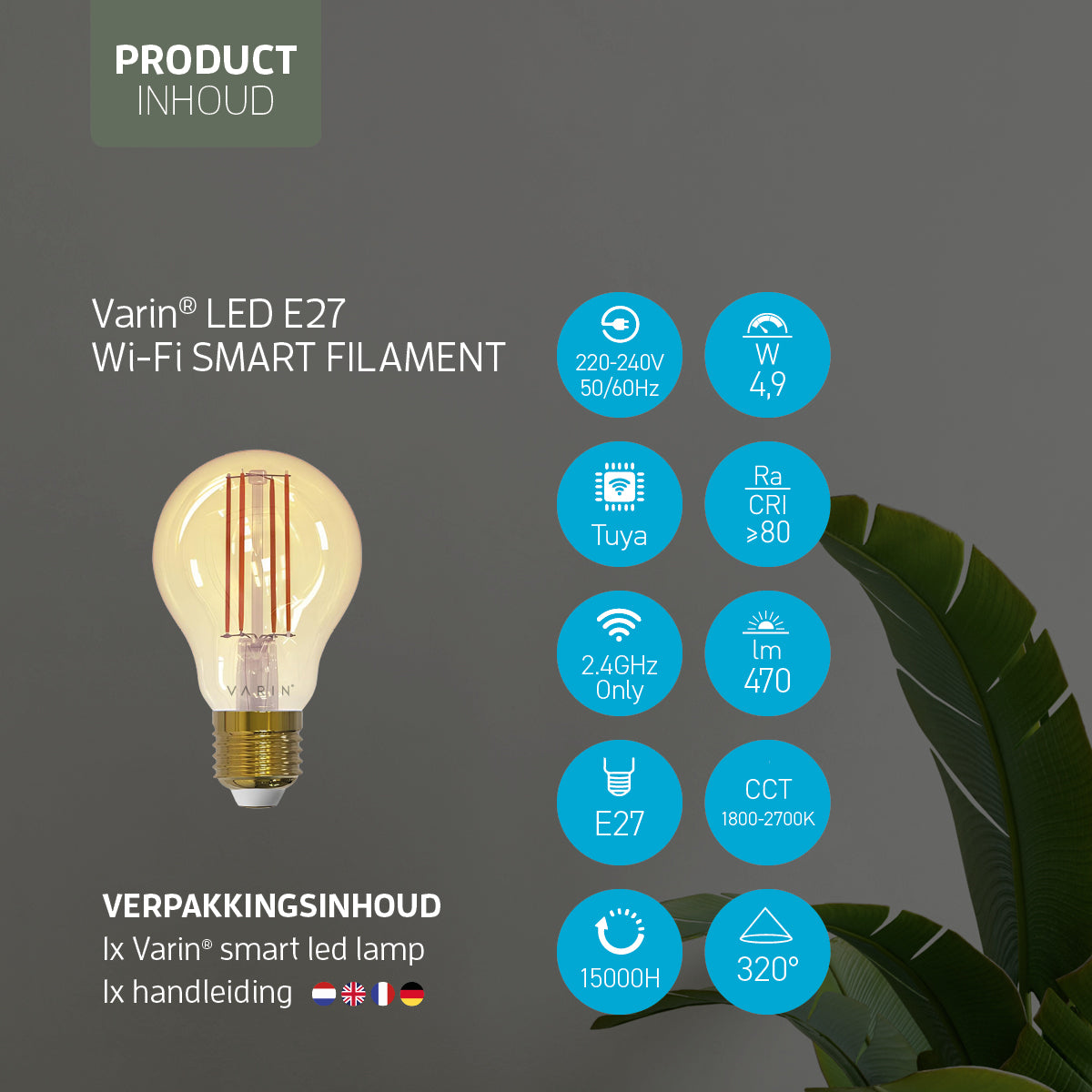 Varin Smart Wifi LED Filament Lamp E27 - 5W - A60 - Extra warm wit - 1800-2700K - Tuya