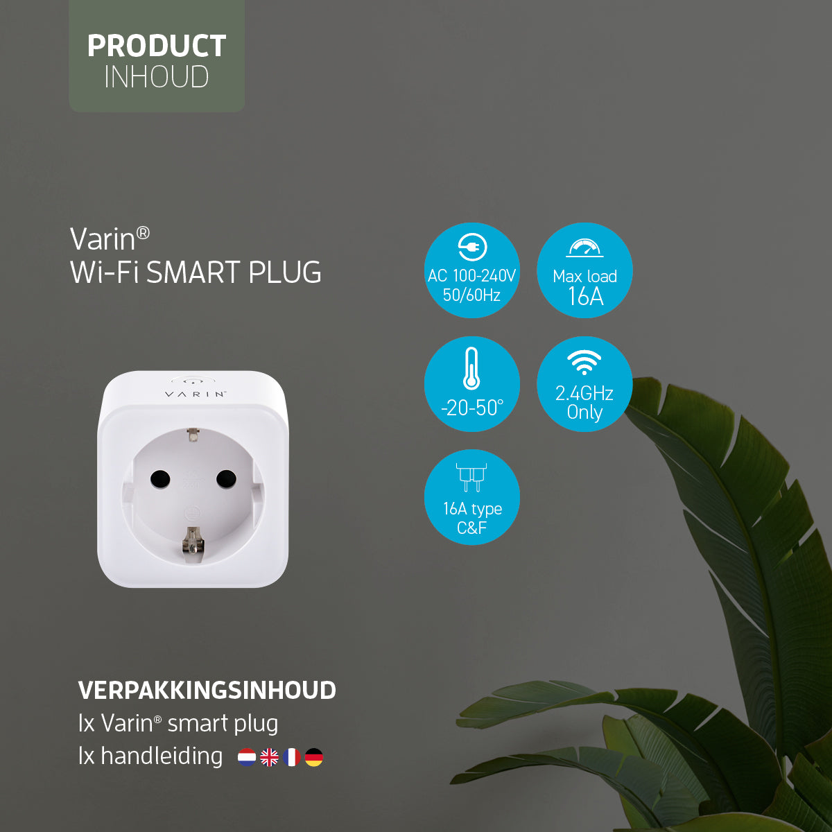 Varin Smart Wifi Plug met ernergiemeter - 16A - Type C&F - Tuya