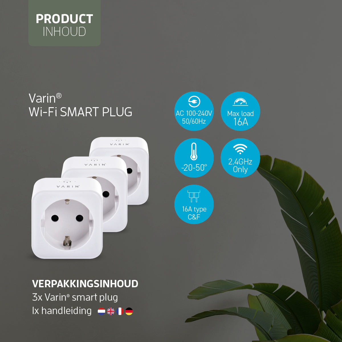 Varin Smart Wifi Plug met ernergiemeter - 16A - Type C&F - Tuya - 3 Pack