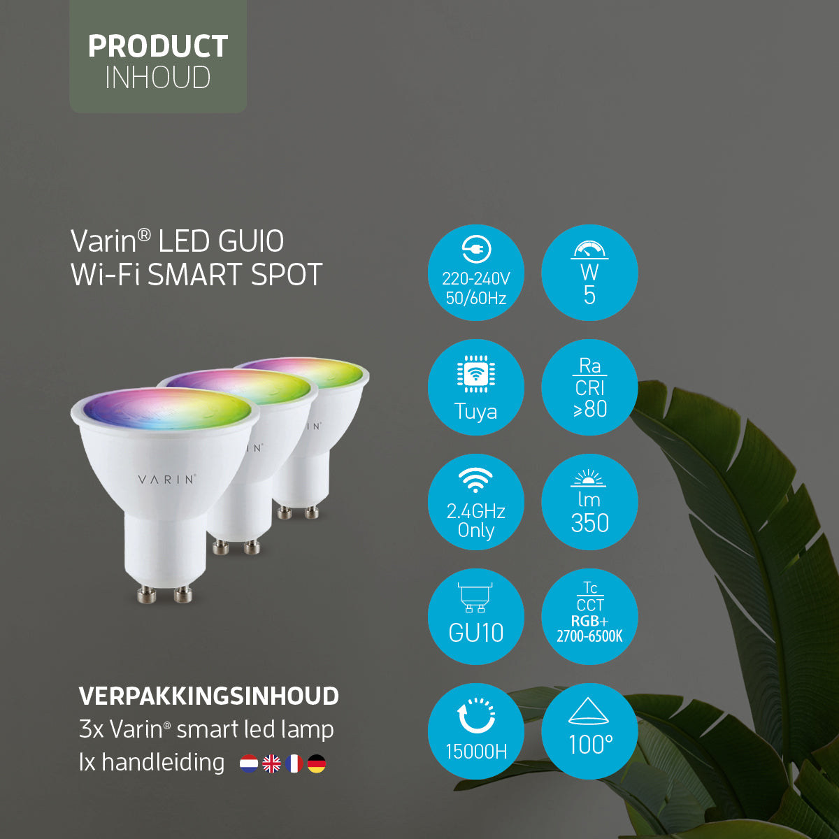 Varin Smart Wifi LED Spot GU10 - 5W - RGB + CCT - 2700-6500K - Tuya - 3 Pack