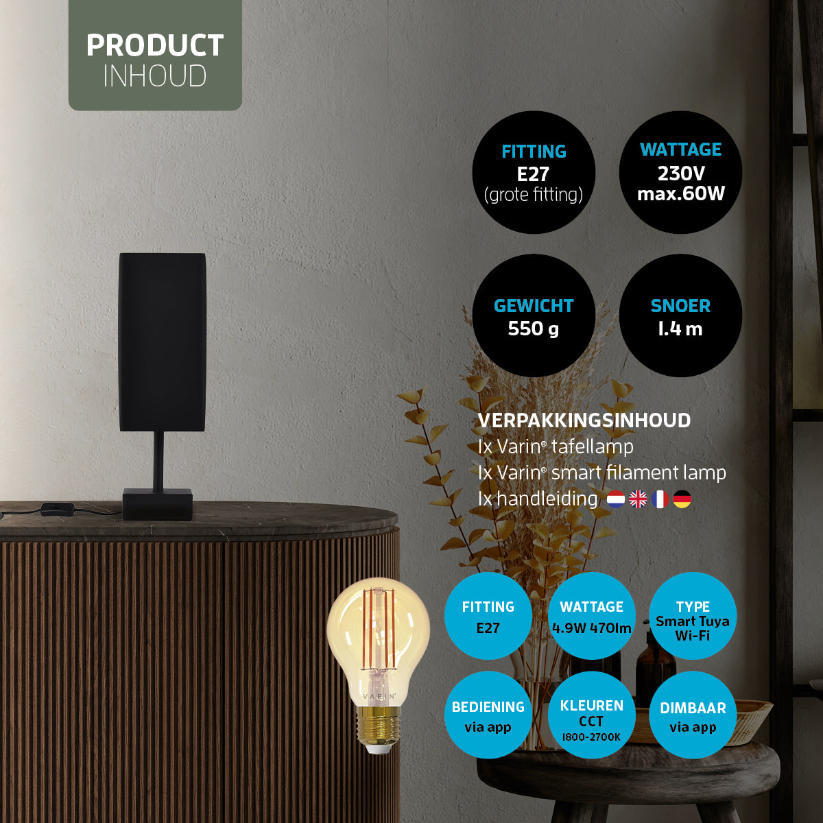 Varin Smart Wifi Tafellamp - Zwarte kap  - 38cm hoog - incl. LED filament lamp E27 - Tuya